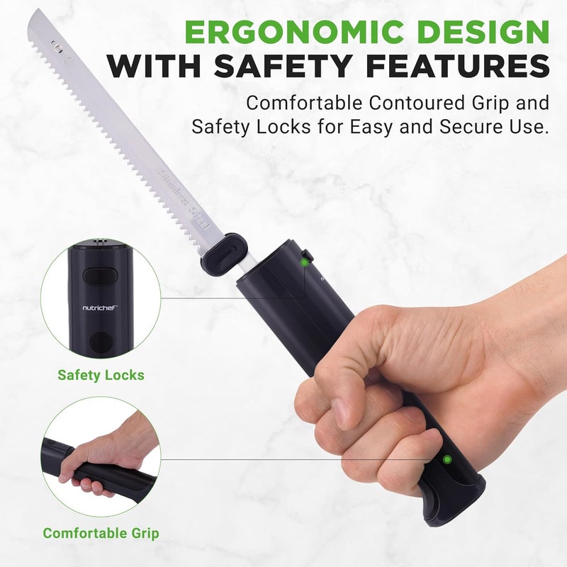 NutriChef Cordless Electric Knife | Easy to Use Constant ON/OFF Safety Function | Lightweight Kitchen Knife | Carve Turkey, Meats, Poultry, Bread & Cheese | 11.42’’ Stainless Steel Blades | Black - Image 4